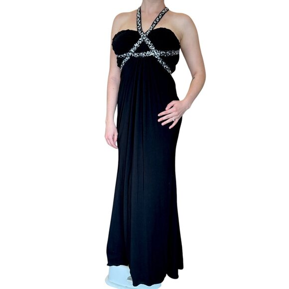 PROM Bridesmaid Gala Long Dress Black with Silver Sequins Greek Style Sheer 5/6 - Picture 1 of 9